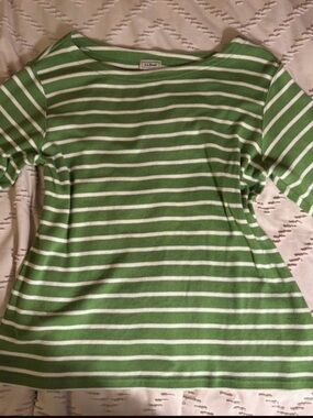 L.L. Bean Green and White Striped Boatneck 3/4 Sleeve Too 100% Cotton